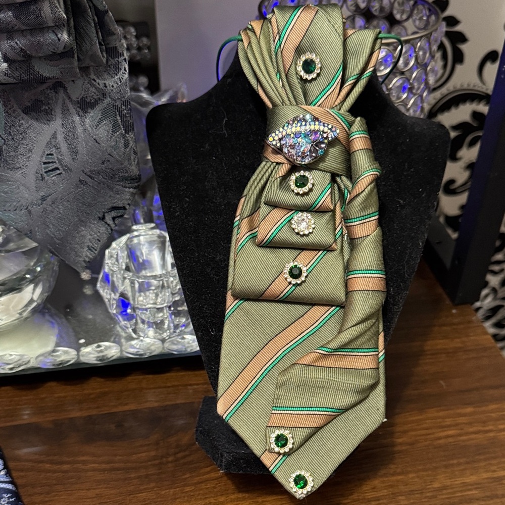 Men's Olive Green Striped Neck Tie with Decorative Pins